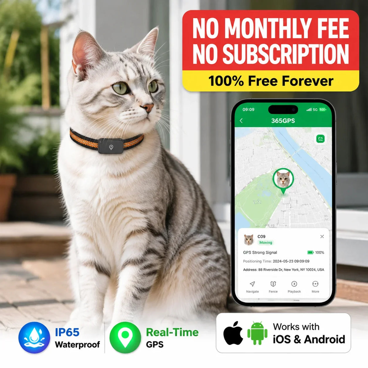Cat GPS Tracker Collar No Subscription  Waterproof Real-Time Wi-Fi Location Smart Anti-Lost Mini Pet Tracker for Cats and