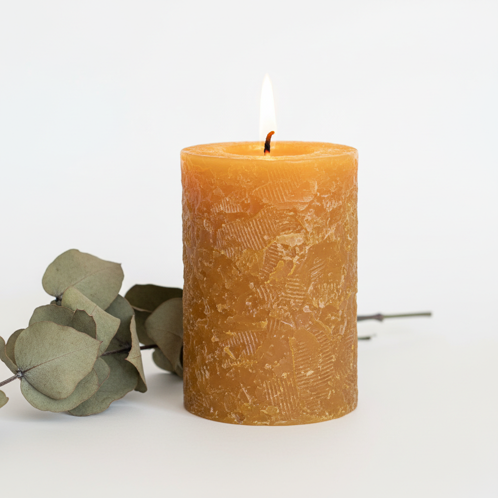 Pure Australian Beeswax Pillar Candle with eucalyptus leaves